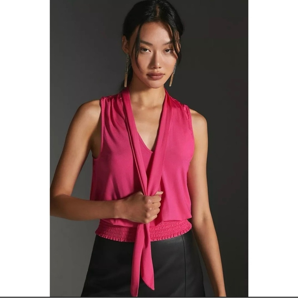 Anthropologie Tie Neck Sleeveless Blouse Hot Pink size Small Professional Career